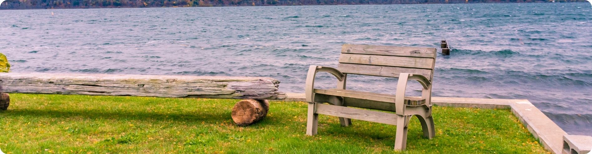 lake with bench on shore