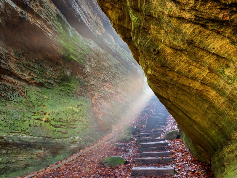 sunlight cascading on stone staircase