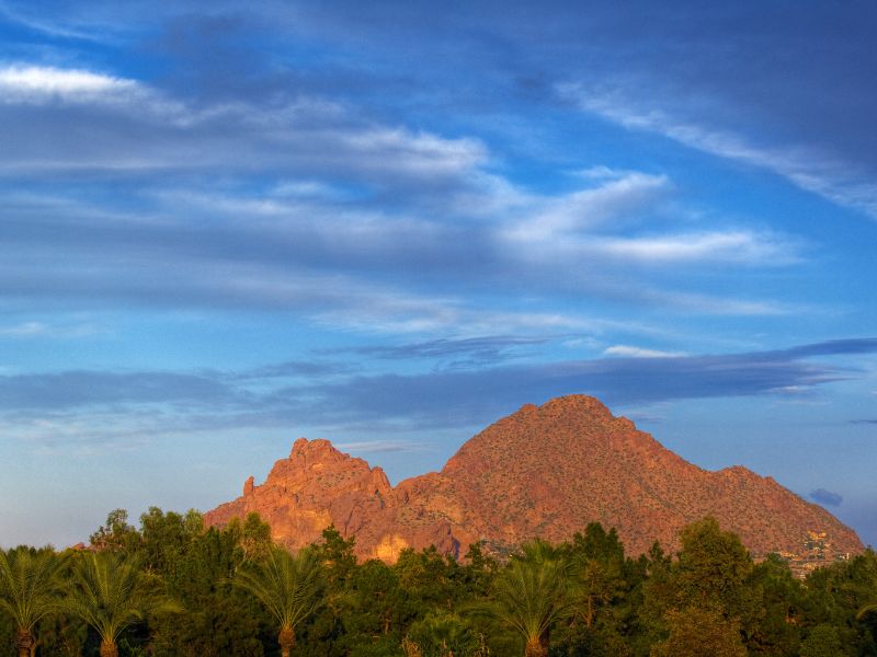 Camelback Mountain towering over trees in the distance