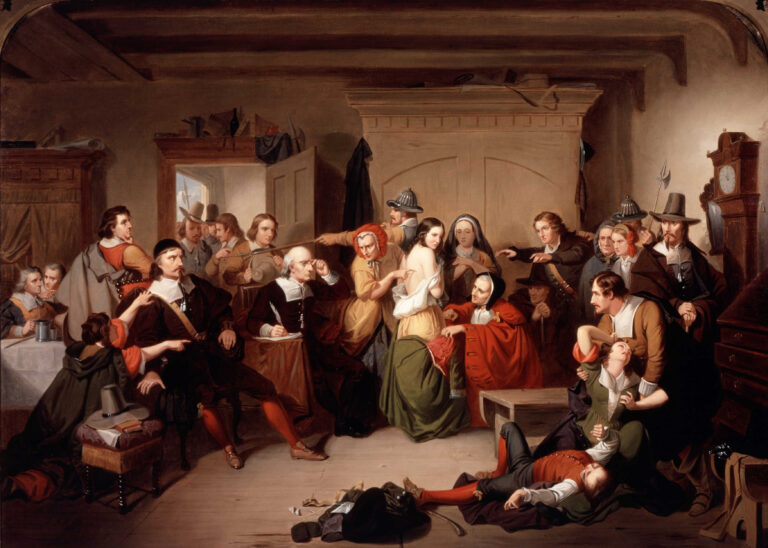 Painting of a woman being interrogated