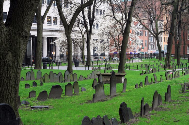 cemetery with gravestones among green grass