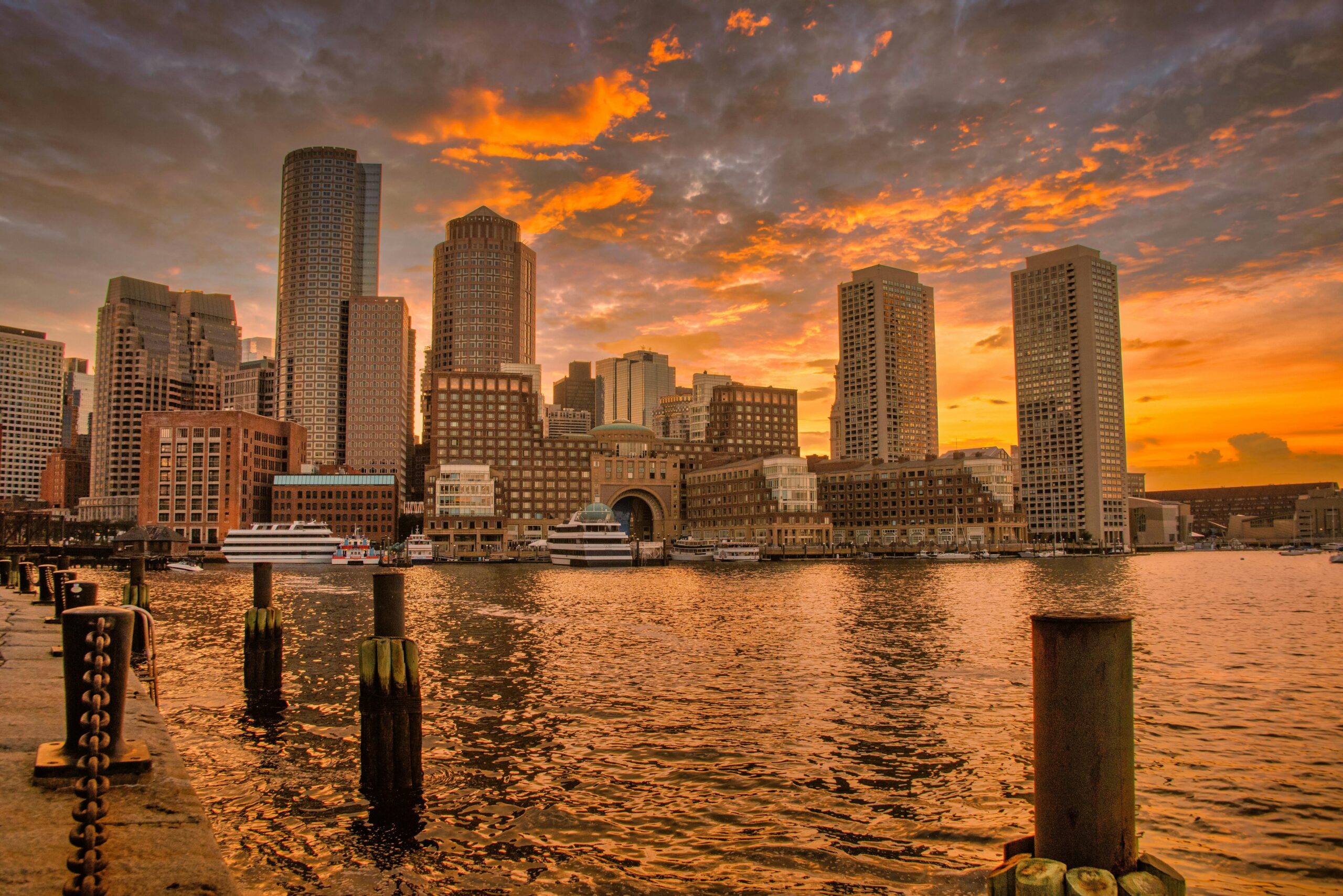 Skyscrapers on Sea Coast in Boston at Sunset